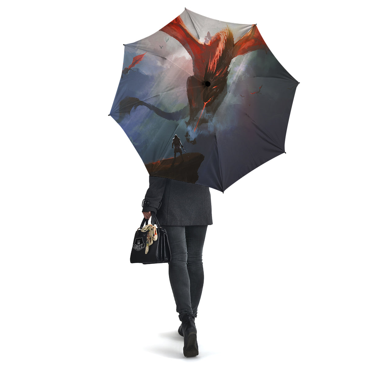 Warrior And Red Dragon Print Umbrella-grizzshop