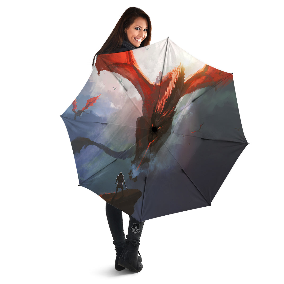 Warrior And Red Dragon Print Umbrella-grizzshop