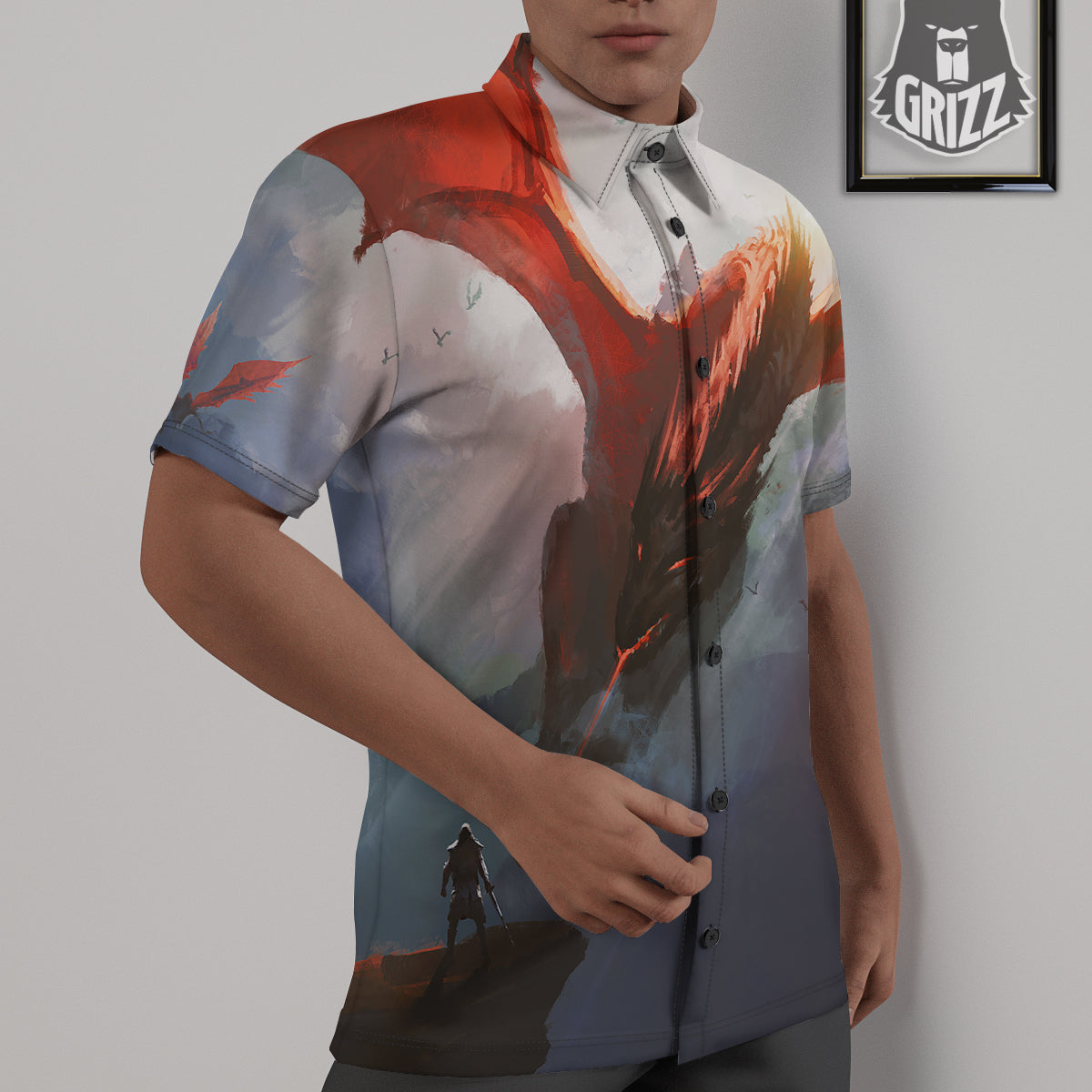 Warrior And Red Dragon Print Untucked Shirts-grizzshop