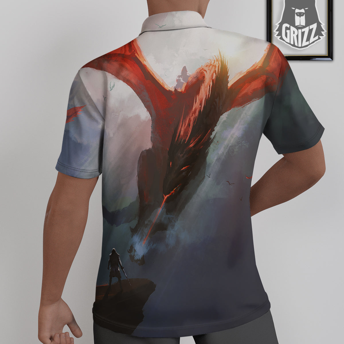 Warrior And Red Dragon Print Untucked Shirts-grizzshop