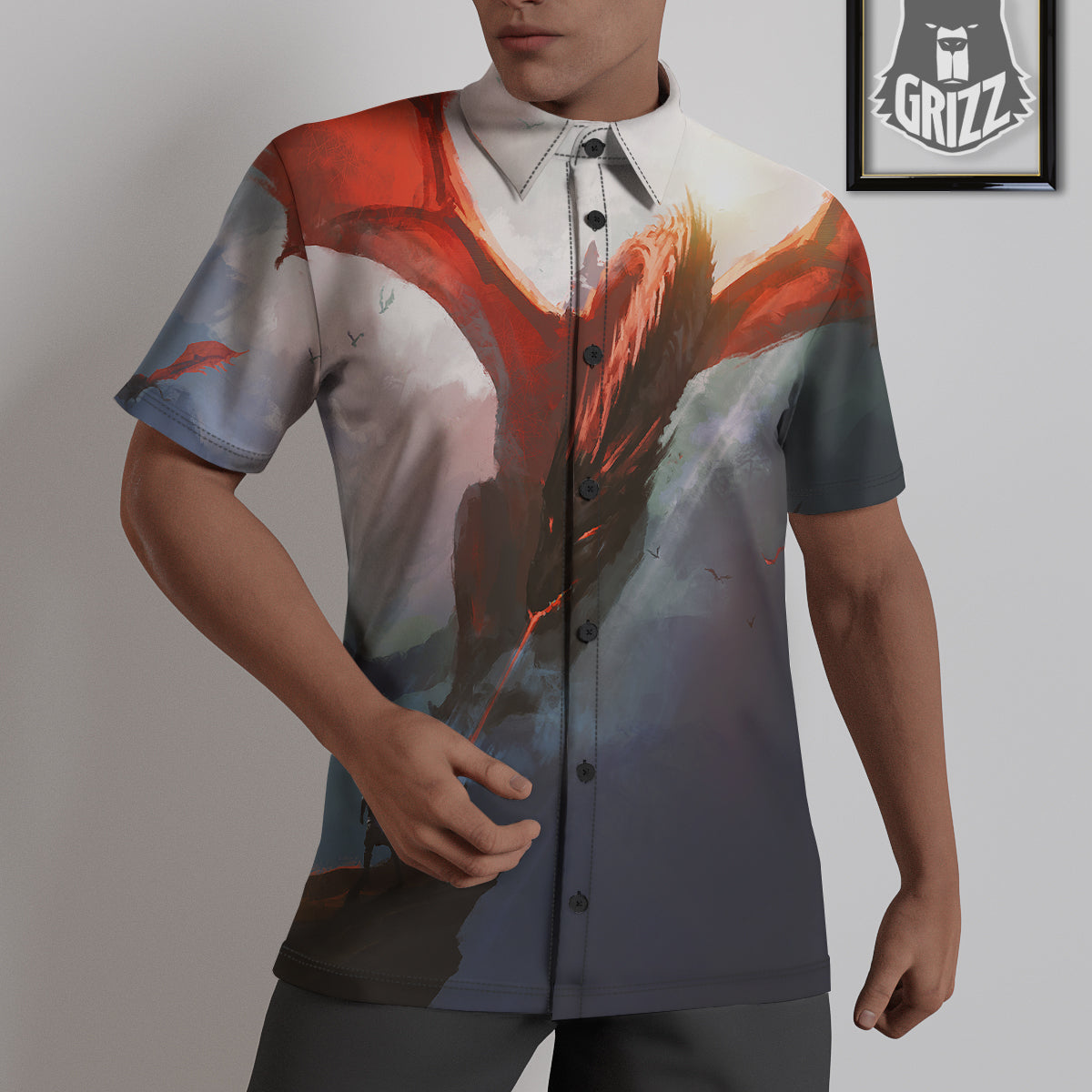 Warrior And Red Dragon Print Untucked Shirts-grizzshop