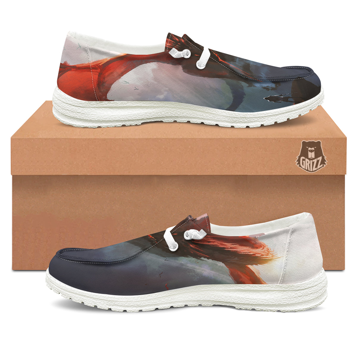 Warrior And Red Dragon Print White Loafers-grizzshop
