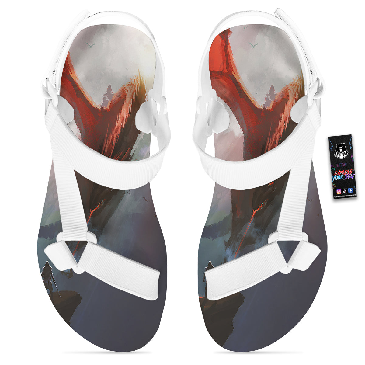 Warrior And Red Dragon Print White Open Toe Sandals-grizzshop