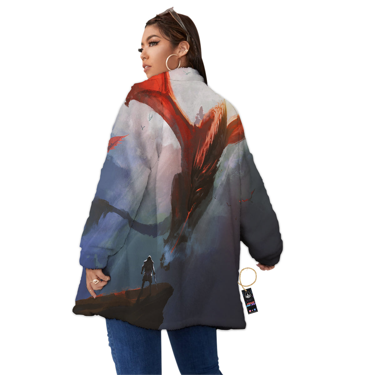 Warrior And Red Dragon Print Women's Sherpa Jacket-grizzshop