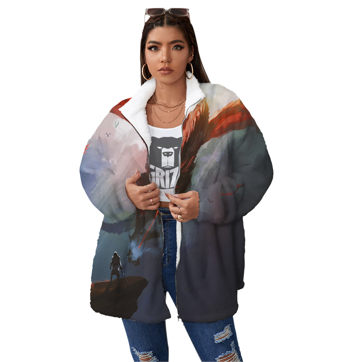 Warrior And Red Dragon Print Women's Sherpa Jacket-grizzshop
