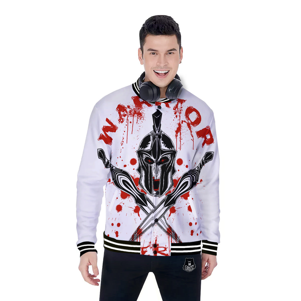 Warrior Bloody Spartan Print Baseball Jacket-grizzshop
