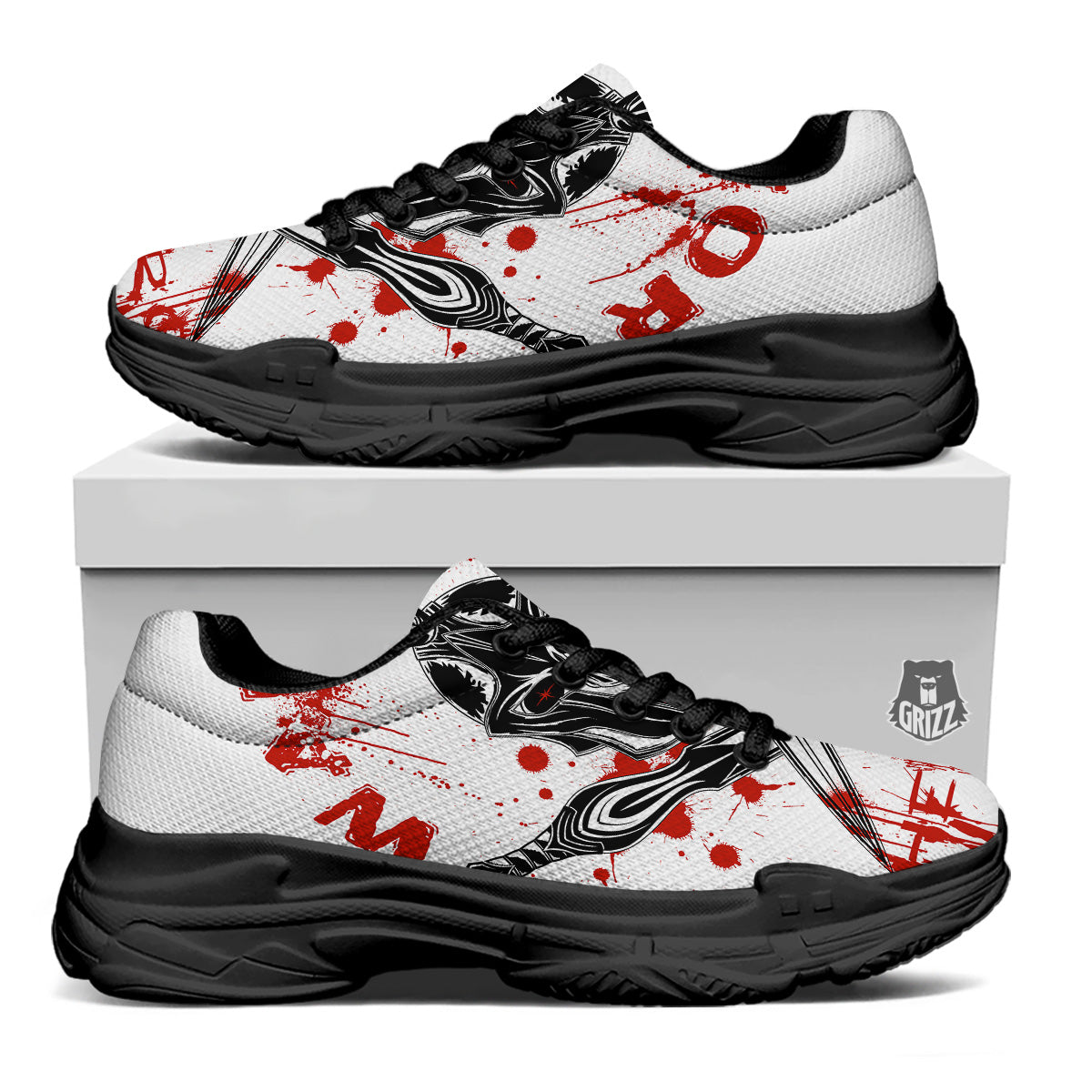 Warrior Bloody Spartan Print Black Chunky Shoes-grizzshop