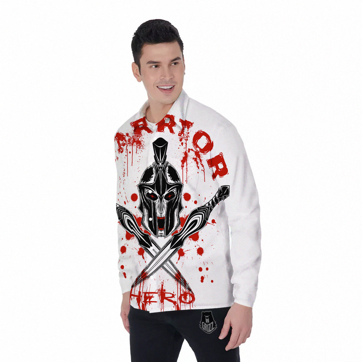 Warrior Bloody Spartan Print Men's Long Sleeve Shirts-grizzshop