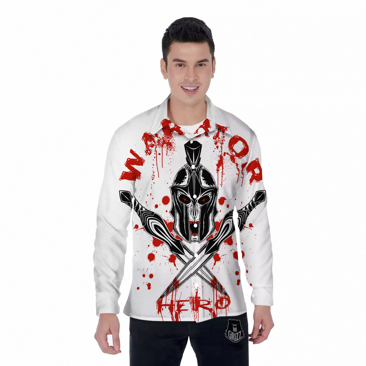 Warrior Bloody Spartan Print Men's Long Sleeve Shirts-grizzshop