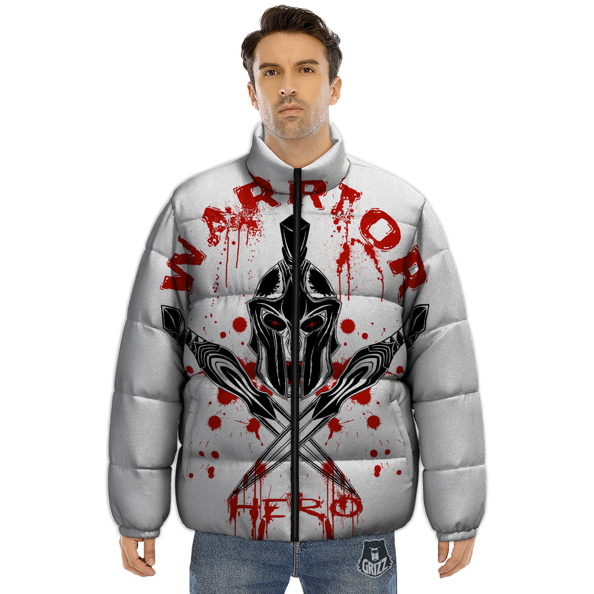 Warrior Bloody Spartan Print Puffer Jacket-grizzshop