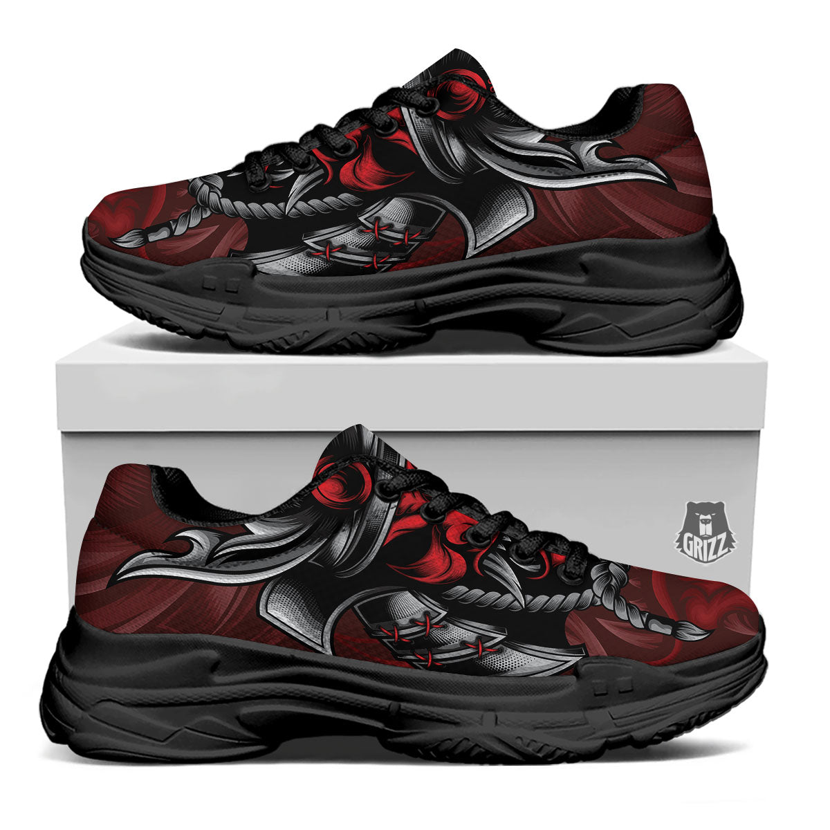 Warrior Mask Japanese Print Black Chunky Shoes-grizzshop