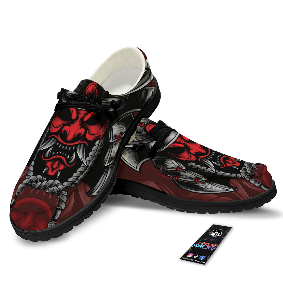 Warrior Mask Japanese Print Black Loafers-grizzshop