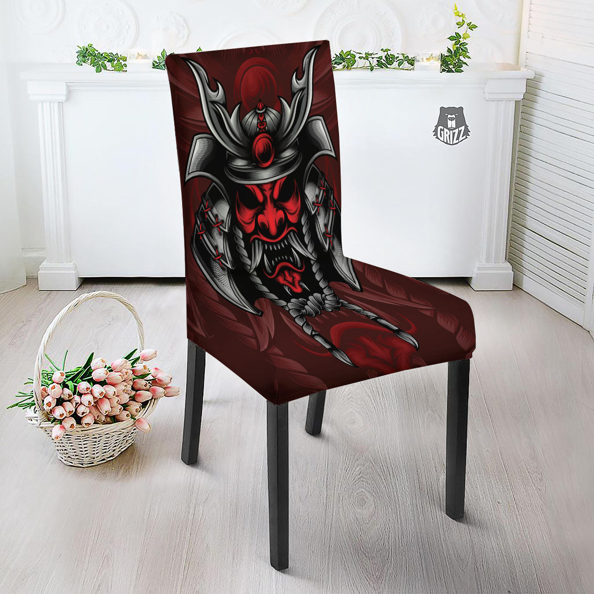 Warrior Mask Japanese Print Dining Chair Slipcover-grizzshop