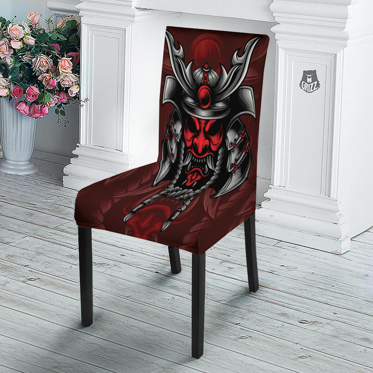 Warrior Mask Japanese Print Dining Chair Slipcover-grizzshop