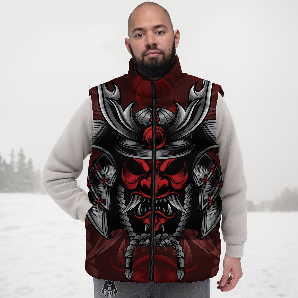 Warrior Mask Japanese Print Down Vest
