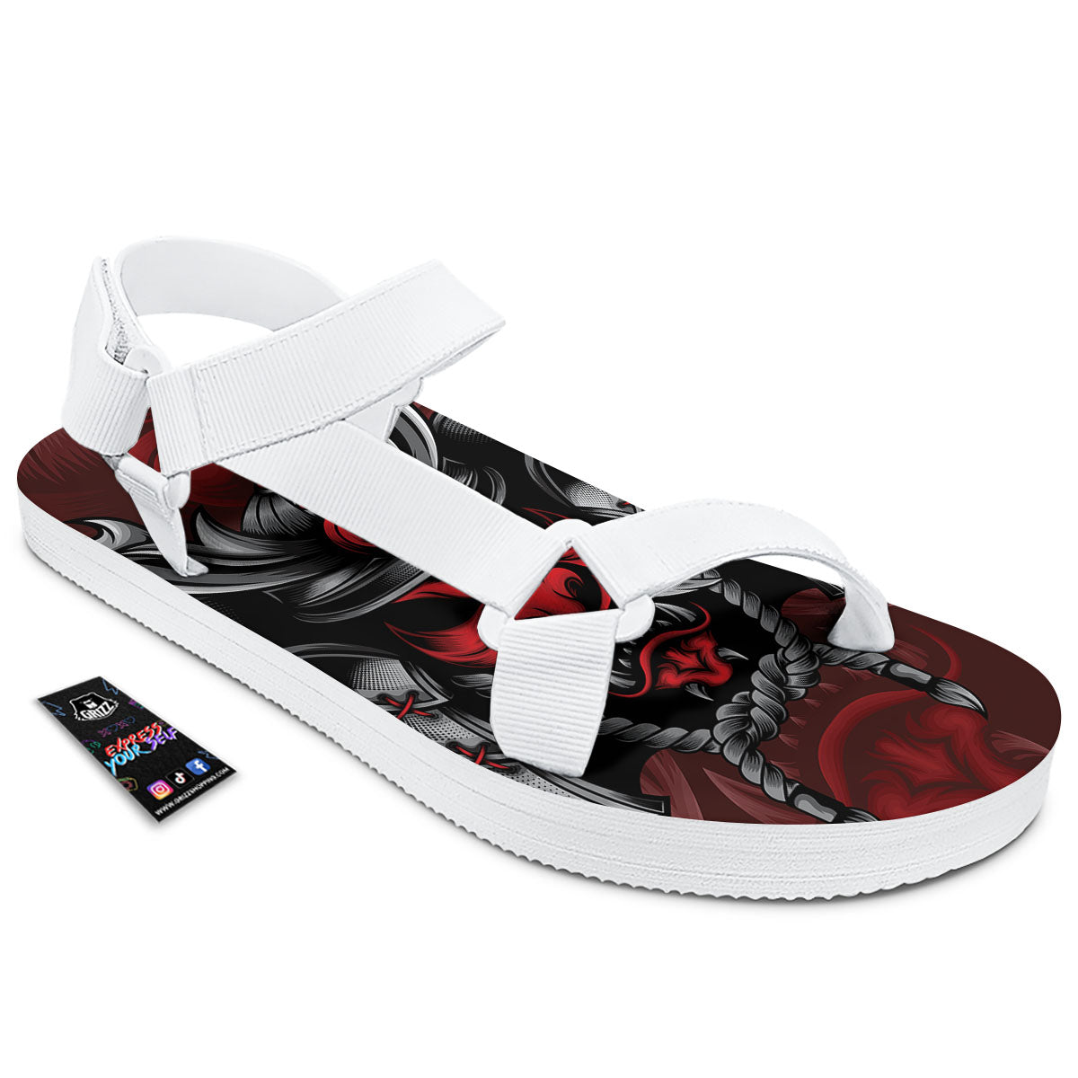 Warrior Mask Japanese Print White Open Toe Sandals-grizzshop