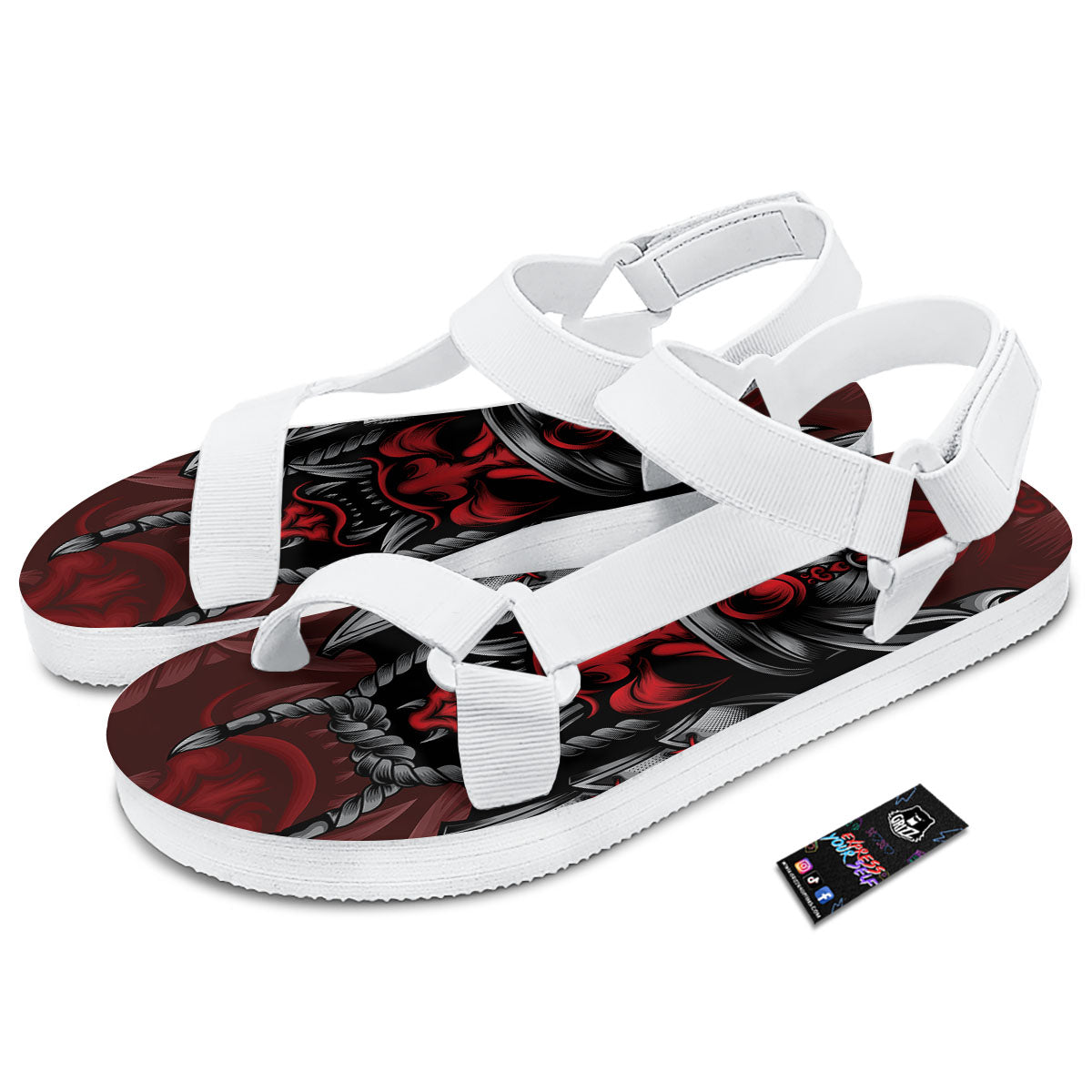 Warrior Mask Japanese Print White Open Toe Sandals-grizzshop