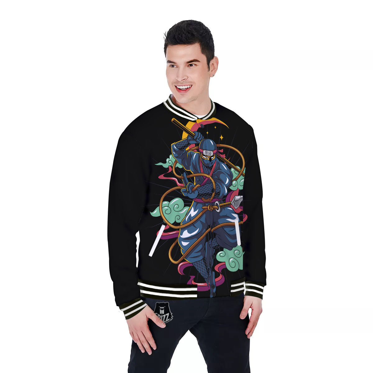 Warrior Ninja Print Baseball Jacket-grizzshop