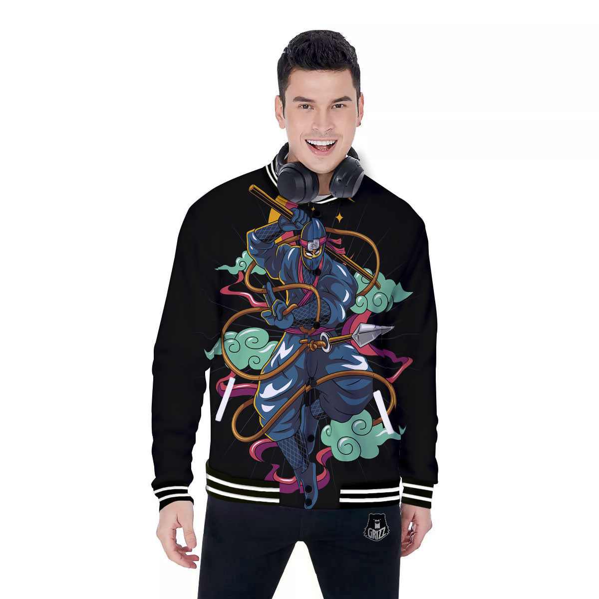 Warrior Ninja Print Baseball Jacket-grizzshop