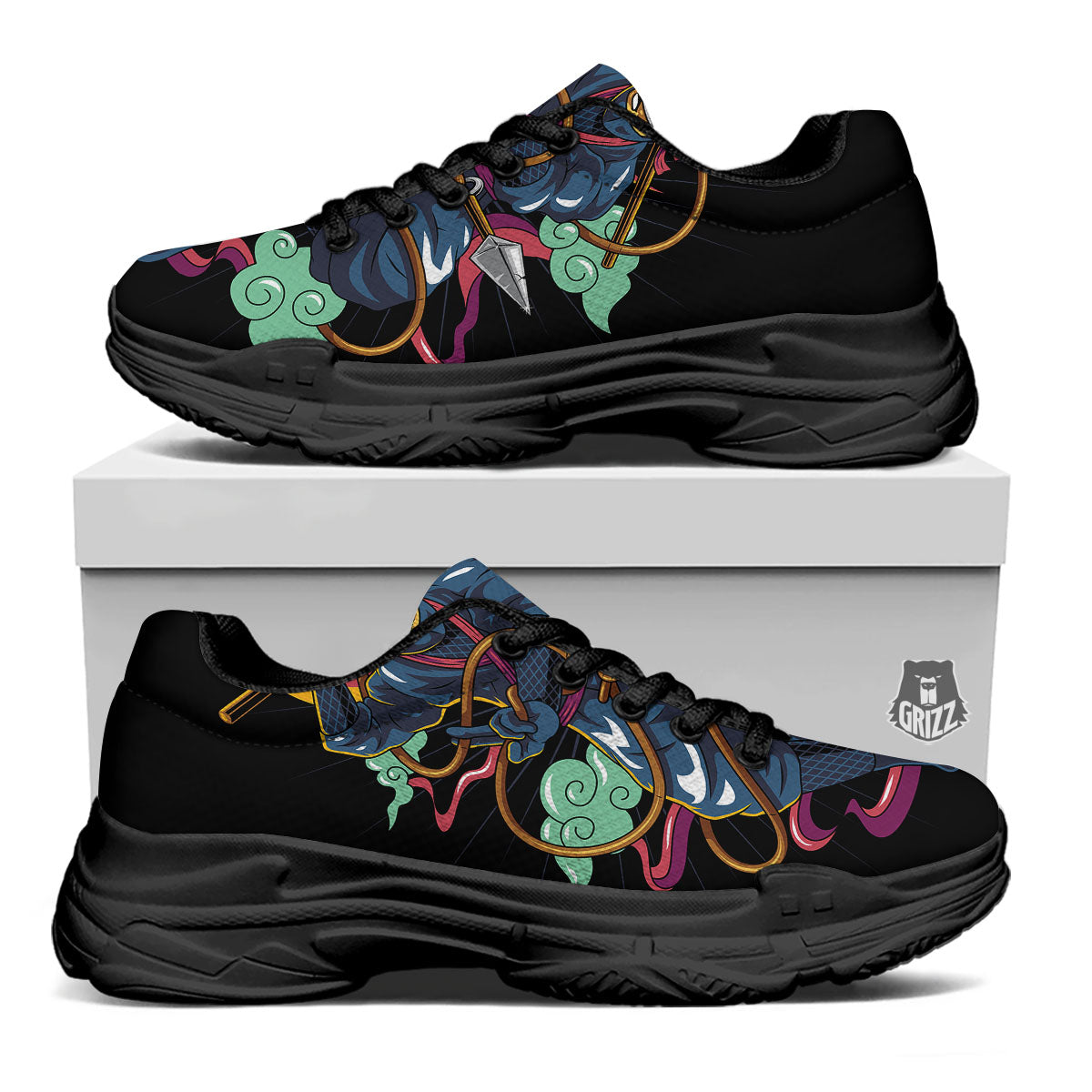 Warrior Ninja Print Black Chunky Shoes-grizzshop