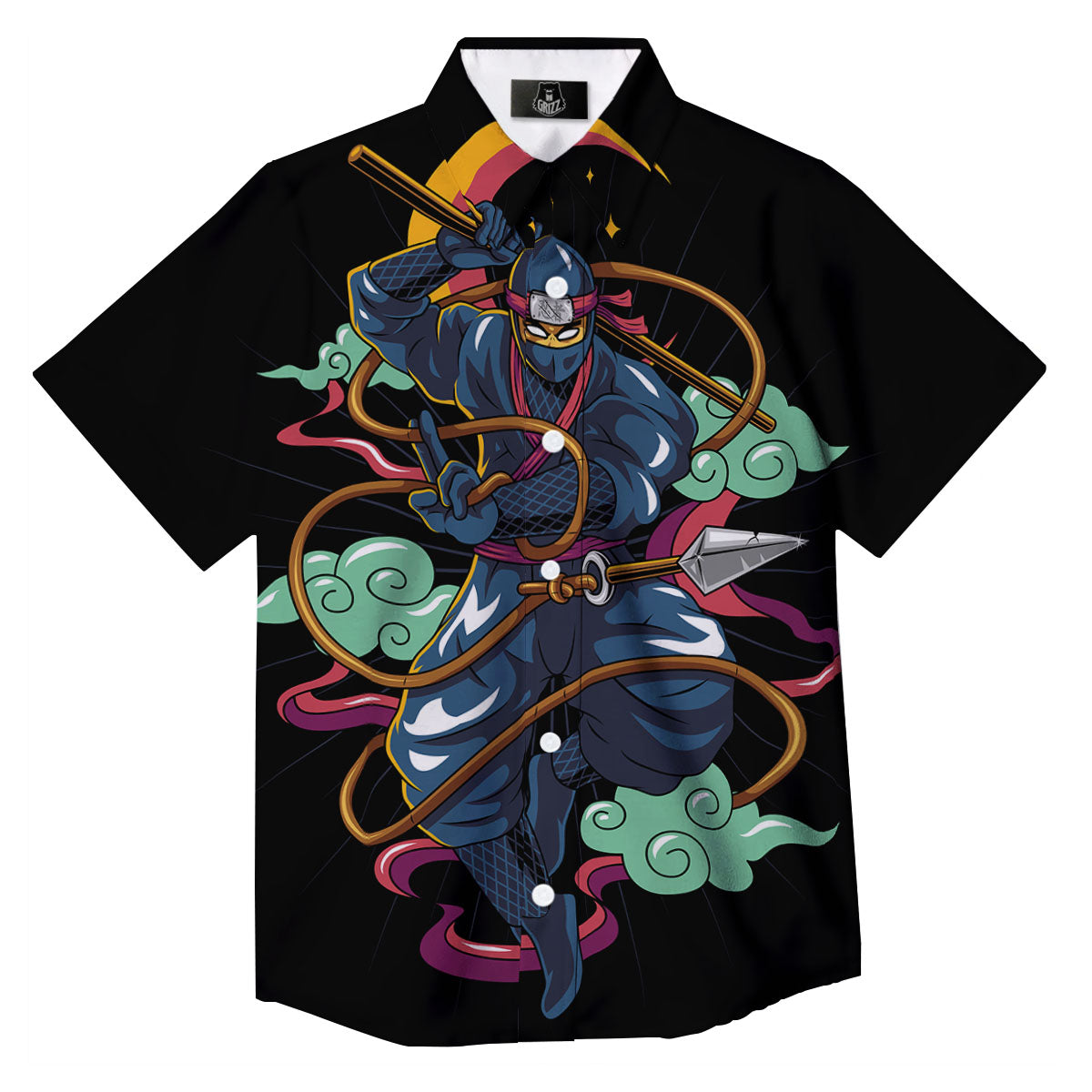 Warrior Ninja Print Button Up Shirt-grizzshop