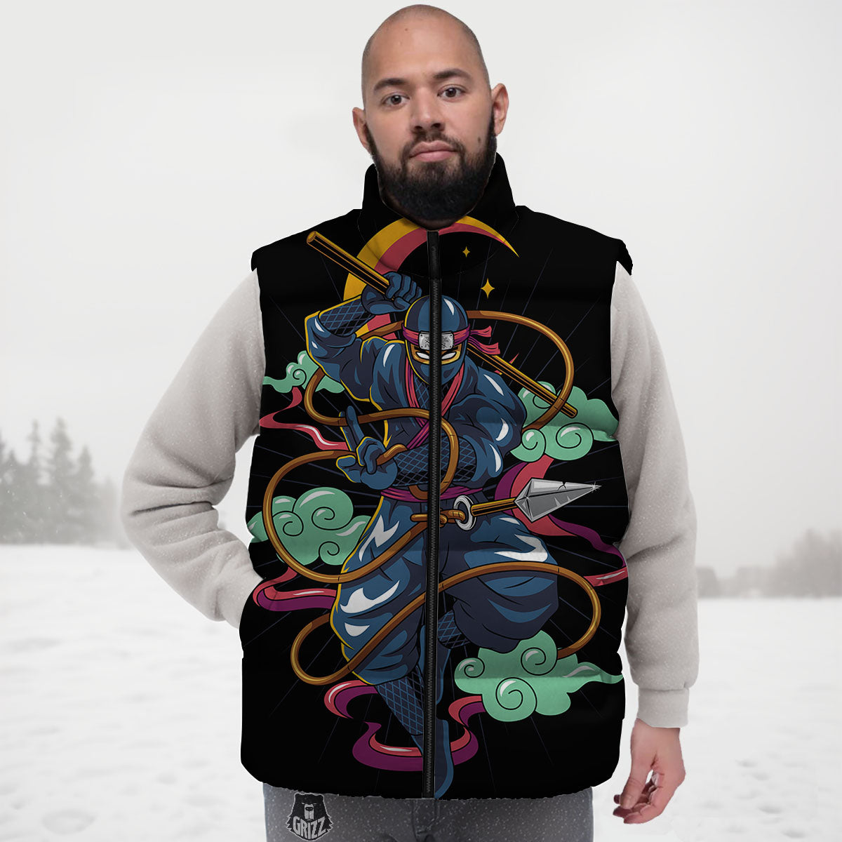 Warrior Ninja Print Down Vest-grizzshop