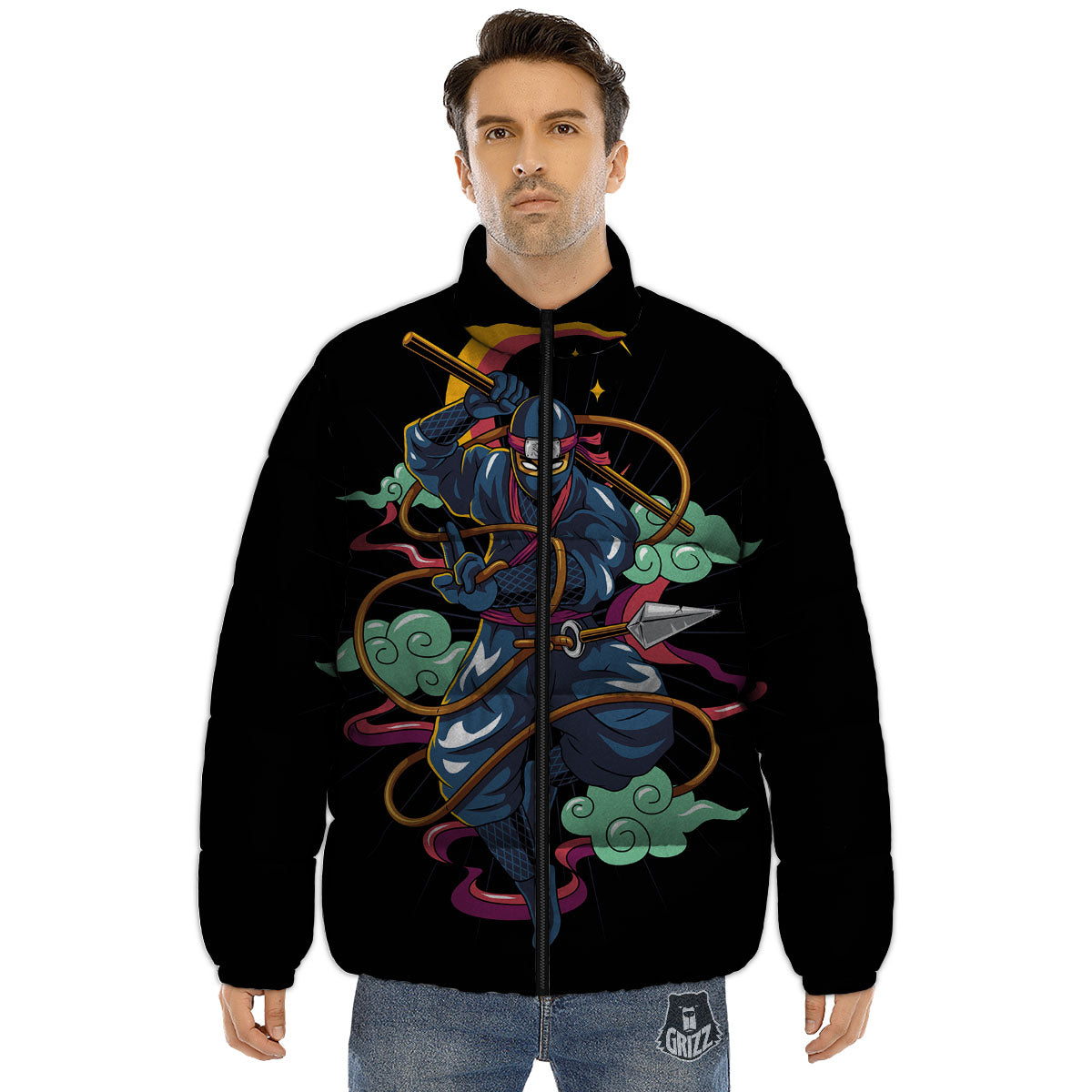 Warrior Ninja Print Puffer Jacket-grizzshop