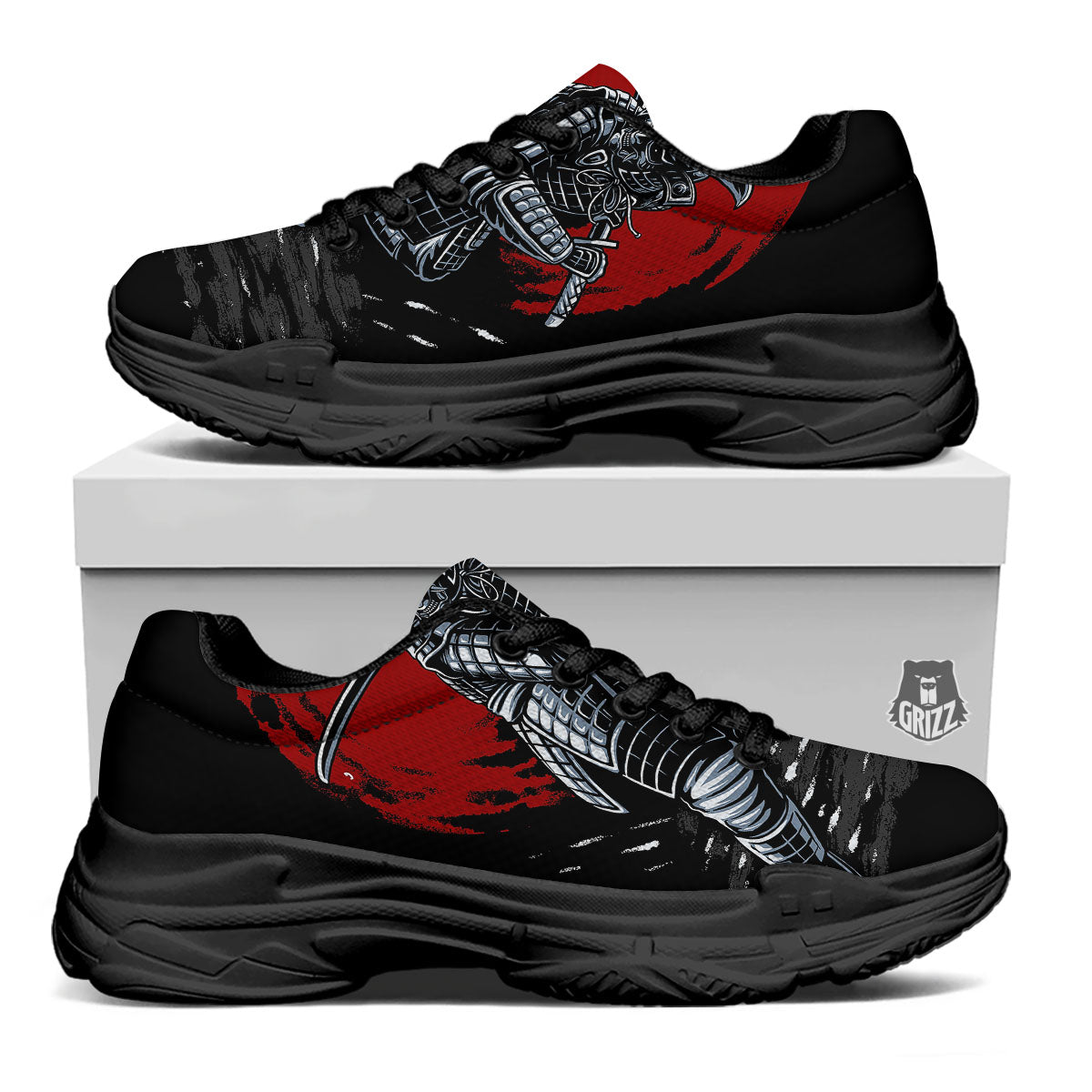 Warrior Samurai Dark Print Black Chunky Shoes-grizzshop