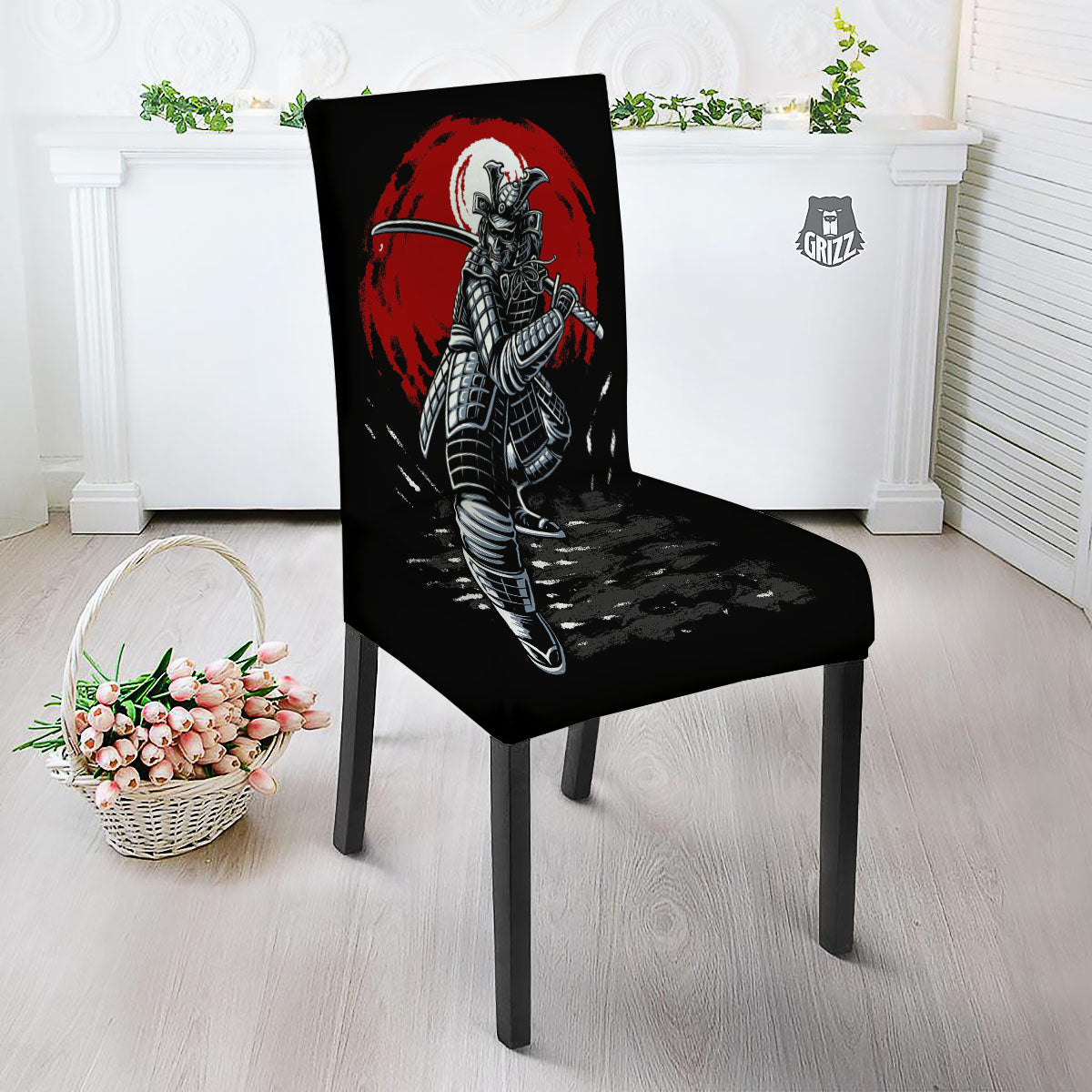 Warrior Samurai Dark Print Dining Chair Slipcover-grizzshop