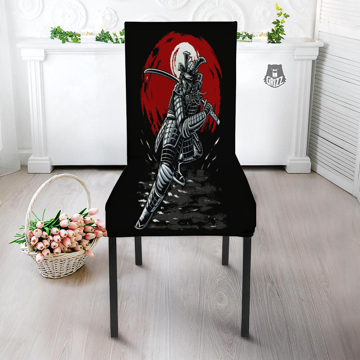 Warrior Samurai Dark Print Dining Chair Slipcover-grizzshop