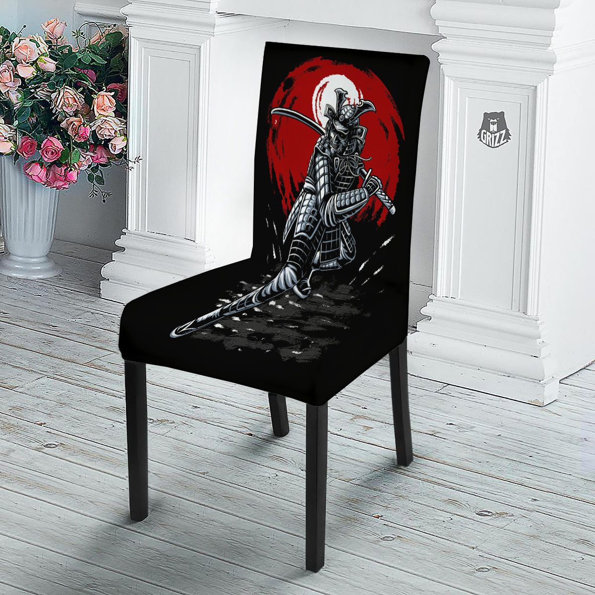 Warrior Samurai Dark Print Dining Chair Slipcover-grizzshop
