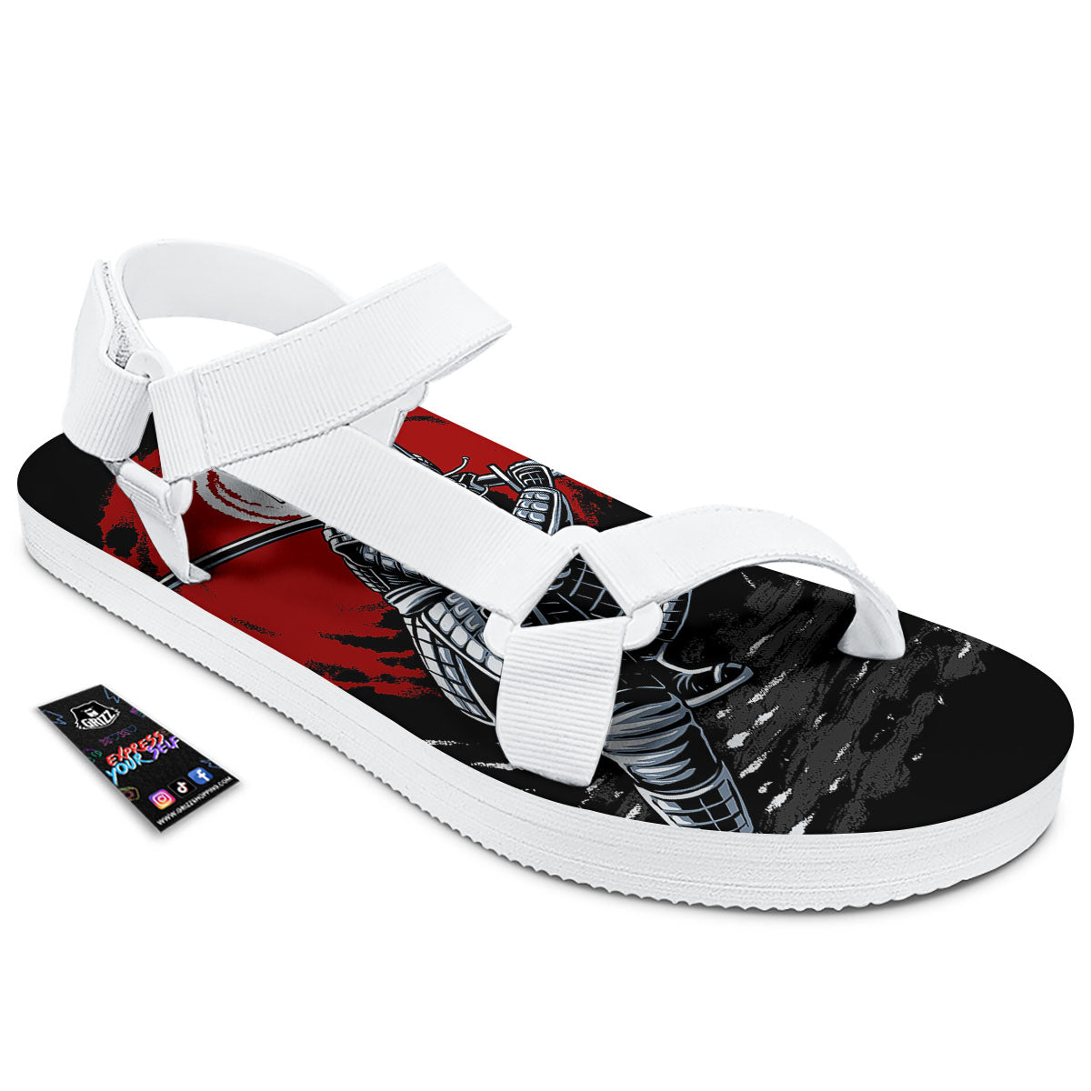 Warrior Samurai Dark Print White Open Toe Sandals-grizzshop
