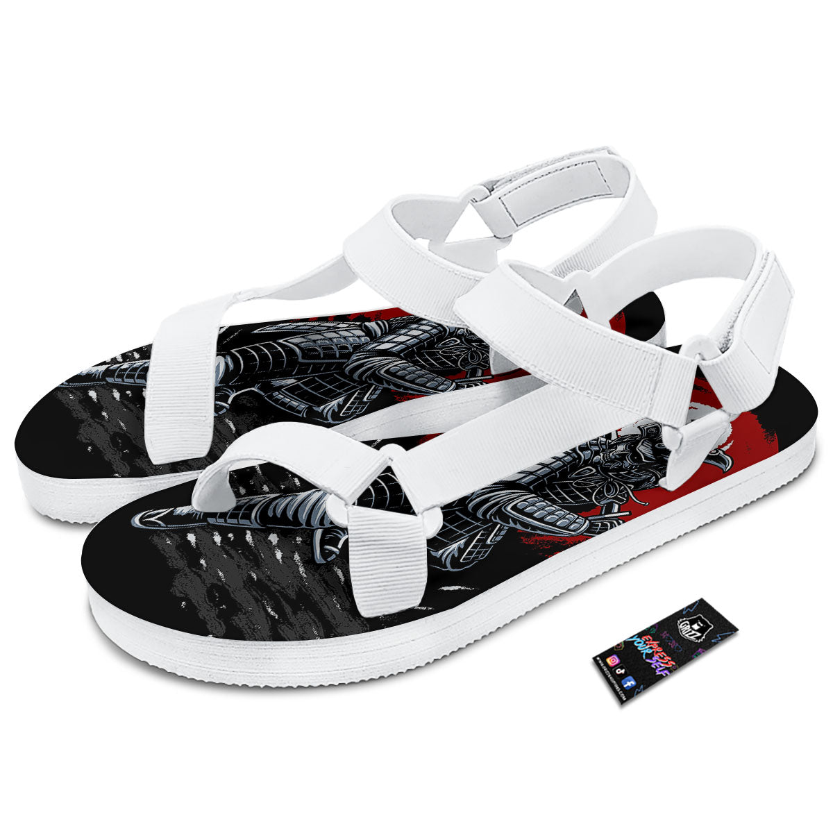 Warrior Samurai Dark Print White Open Toe Sandals-grizzshop