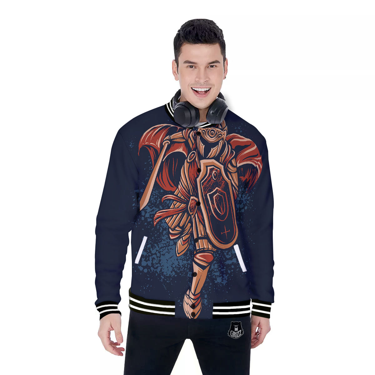 Warrior Spartan Print Baseball Jacket-grizzshop