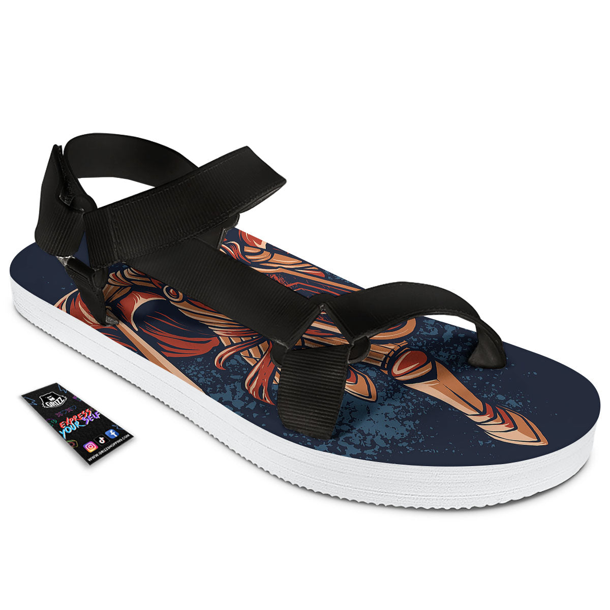 Warrior Spartan Print Black Open Toe Sandals-grizzshop