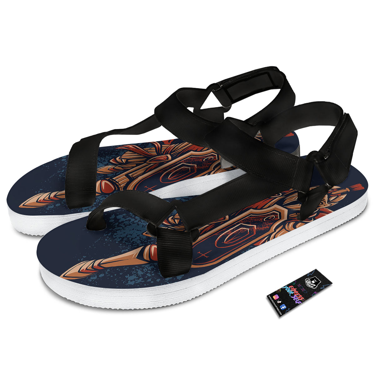 Warrior Spartan Print Black Open Toe Sandals-grizzshop