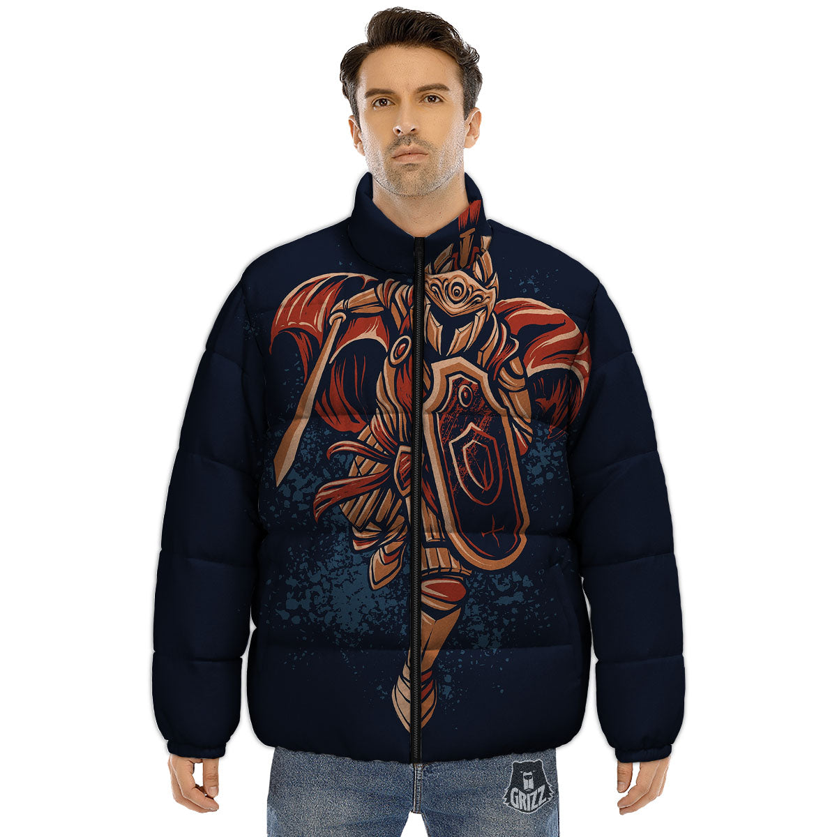 Warrior Spartan Print Puffer Jacket-grizzshop