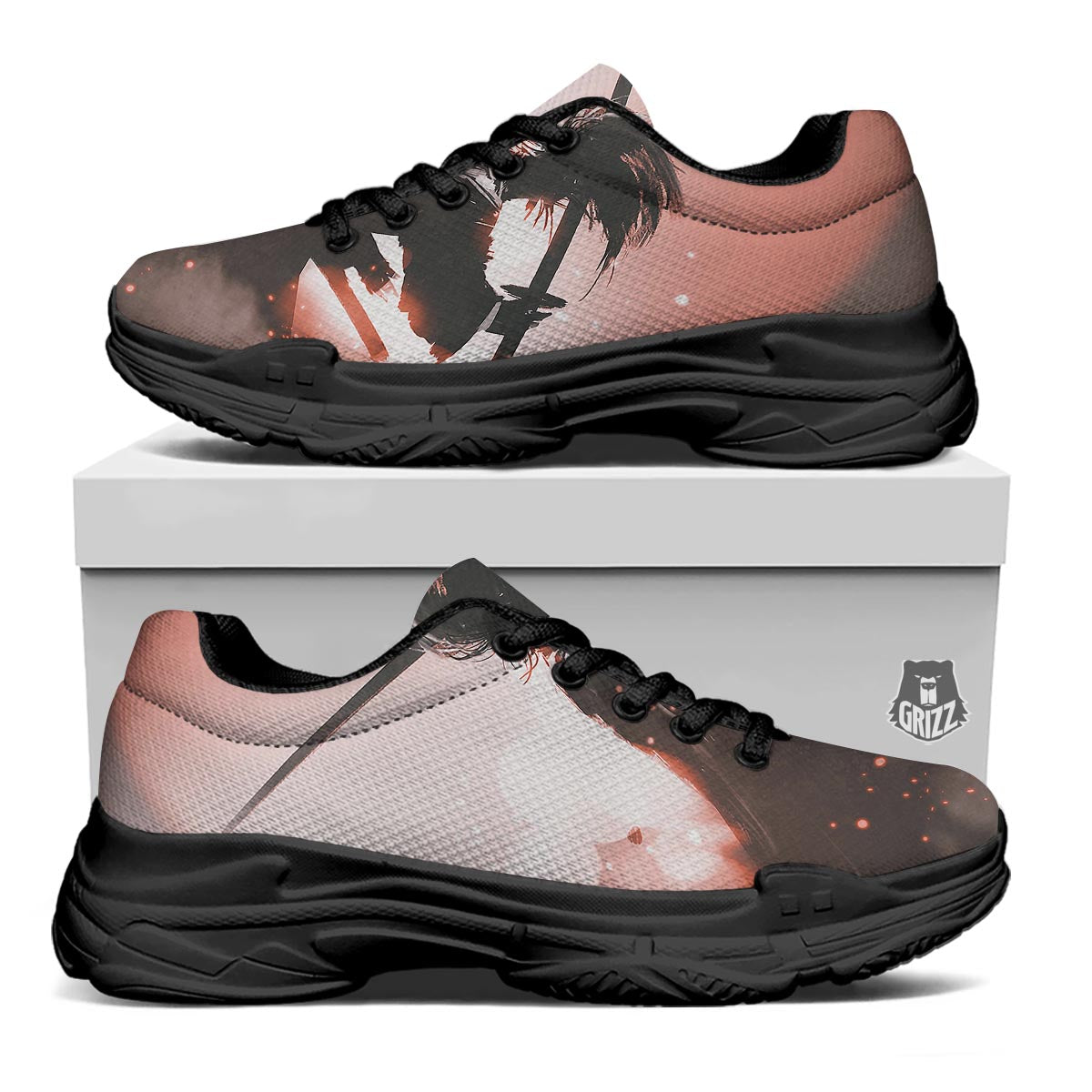 Warrior Sunset Samurai Print Black Chunky Shoes-grizzshop