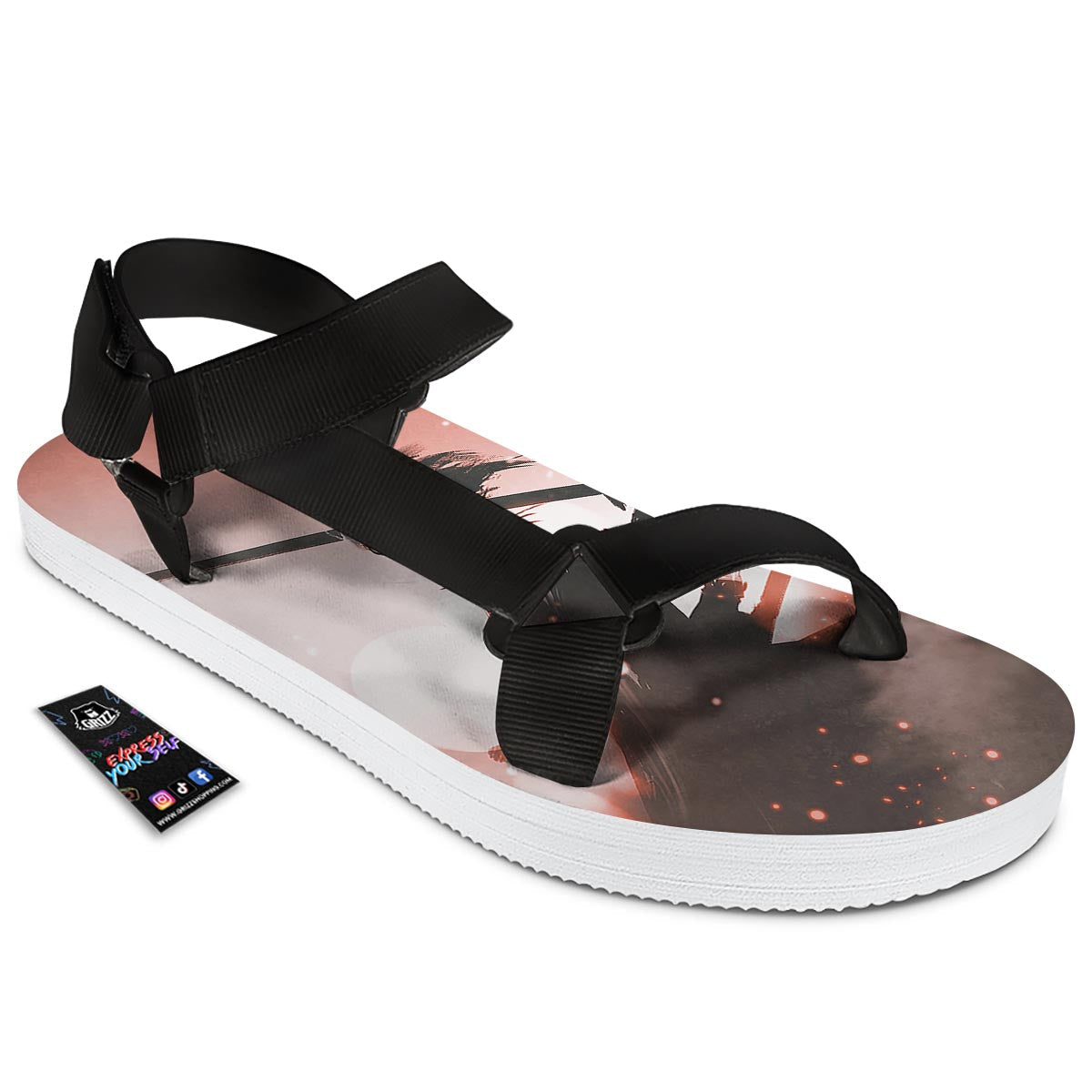 Warrior Sunset Samurai Print Black Open Toe Sandals-grizzshop
