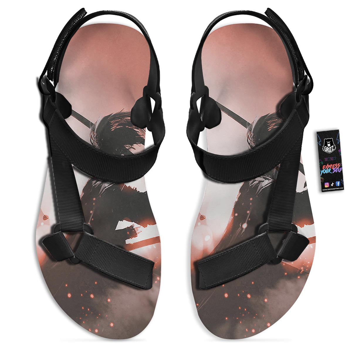 Warrior Sunset Samurai Print Black Open Toe Sandals-grizzshop
