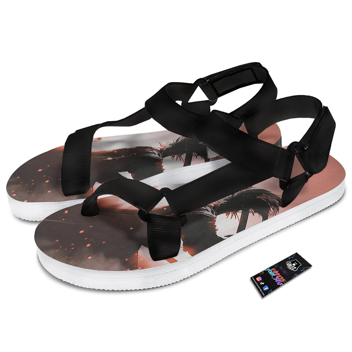 Warrior Sunset Samurai Print Black Open Toe Sandals-grizzshop