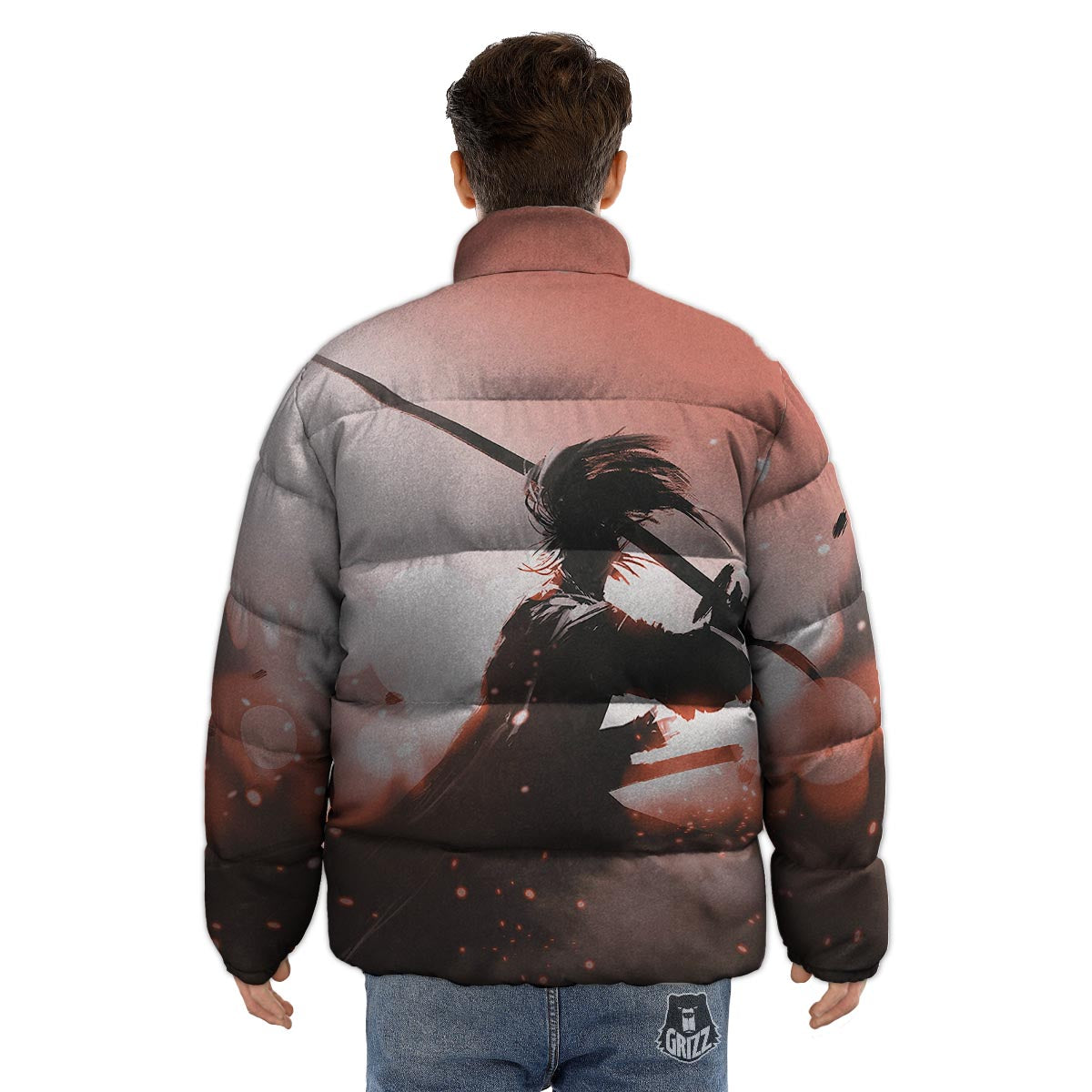 Warrior Sunset Samurai Print Puffer Jacket-grizzshop