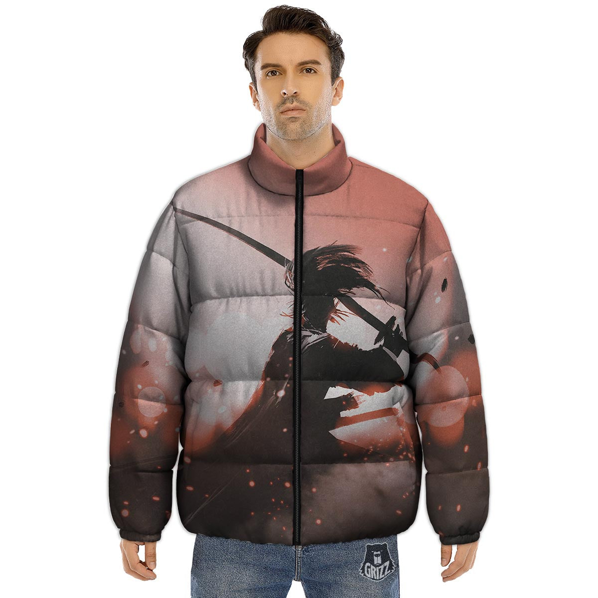 Warrior Sunset Samurai Print Puffer Jacket-grizzshop