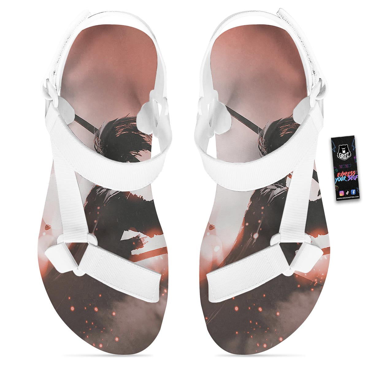 Warrior Sunset Samurai Print White Open Toe Sandals-grizzshop