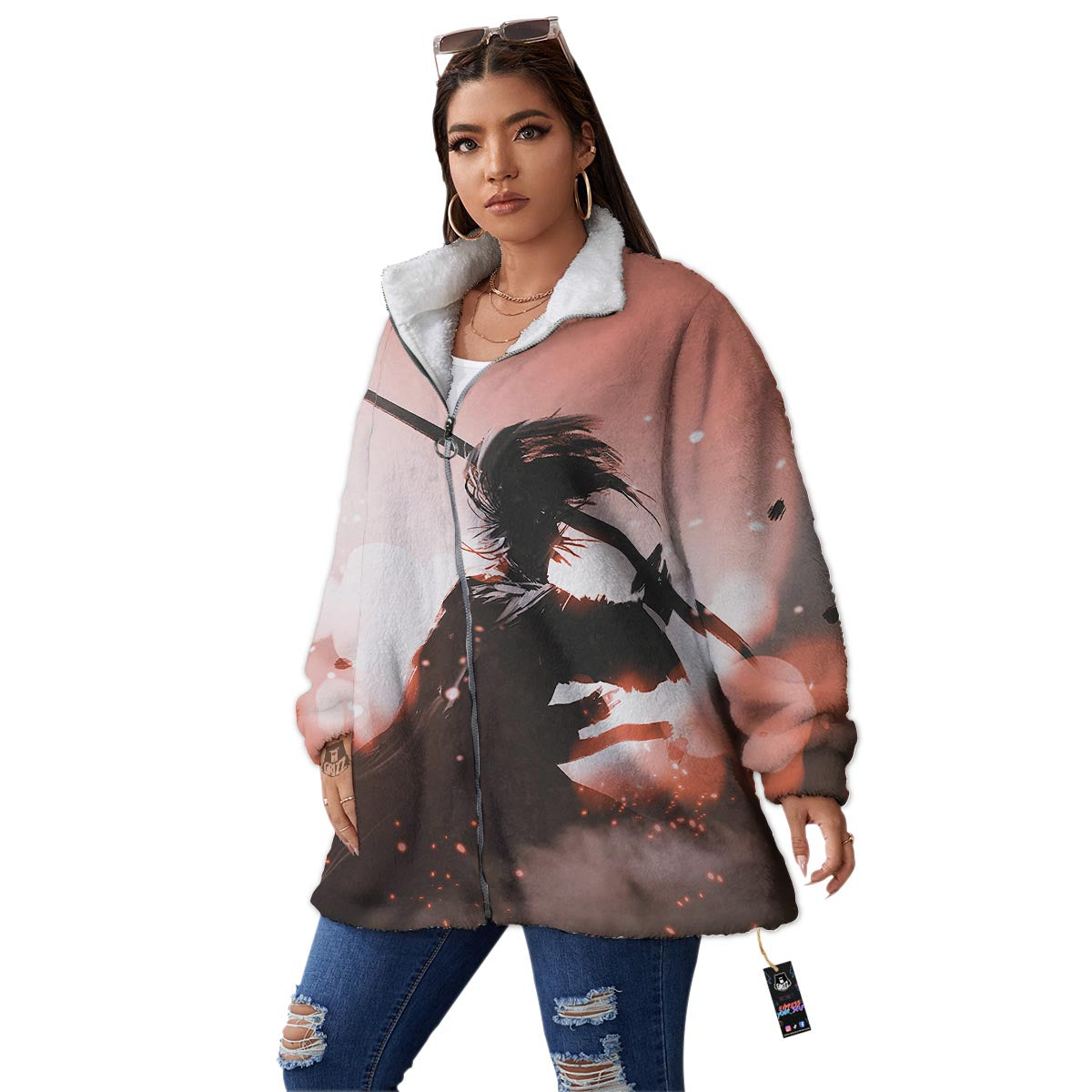 Warrior Sunset Samurai Print Women's Sherpa Jacket-grizzshop