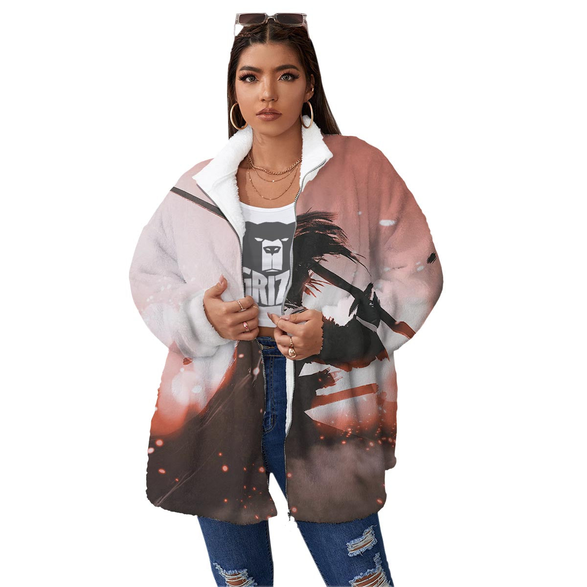 Warrior Sunset Samurai Print Women's Sherpa Jacket-grizzshop