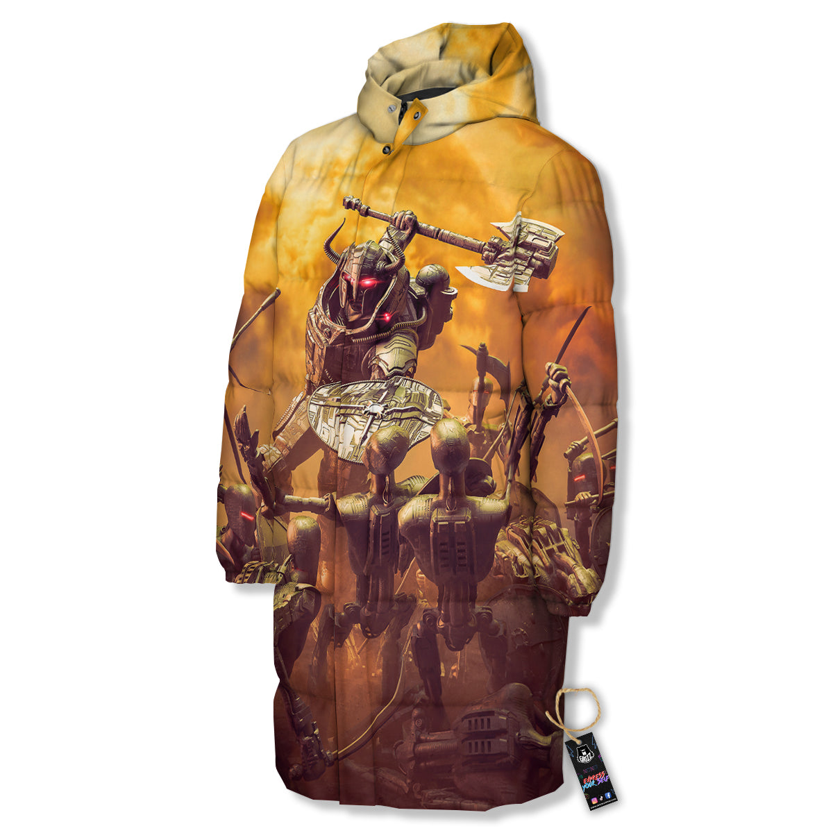 Warrior Viking Machine Print Long Down Jacket-grizzshop