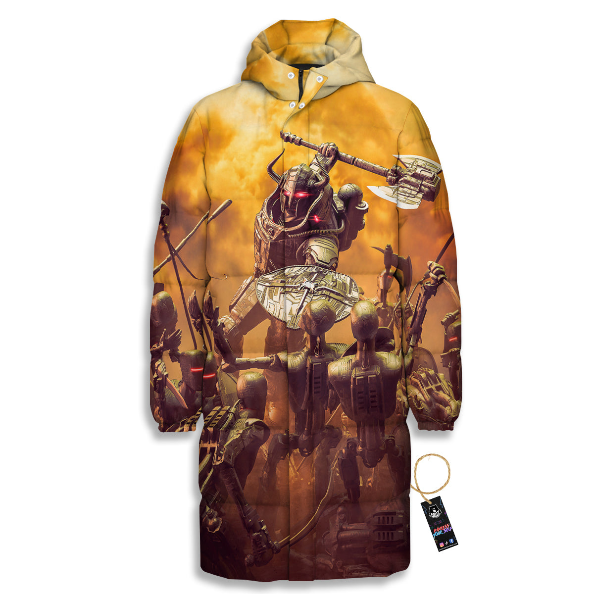 Warrior Viking Machine Print Long Down Jacket-grizzshop