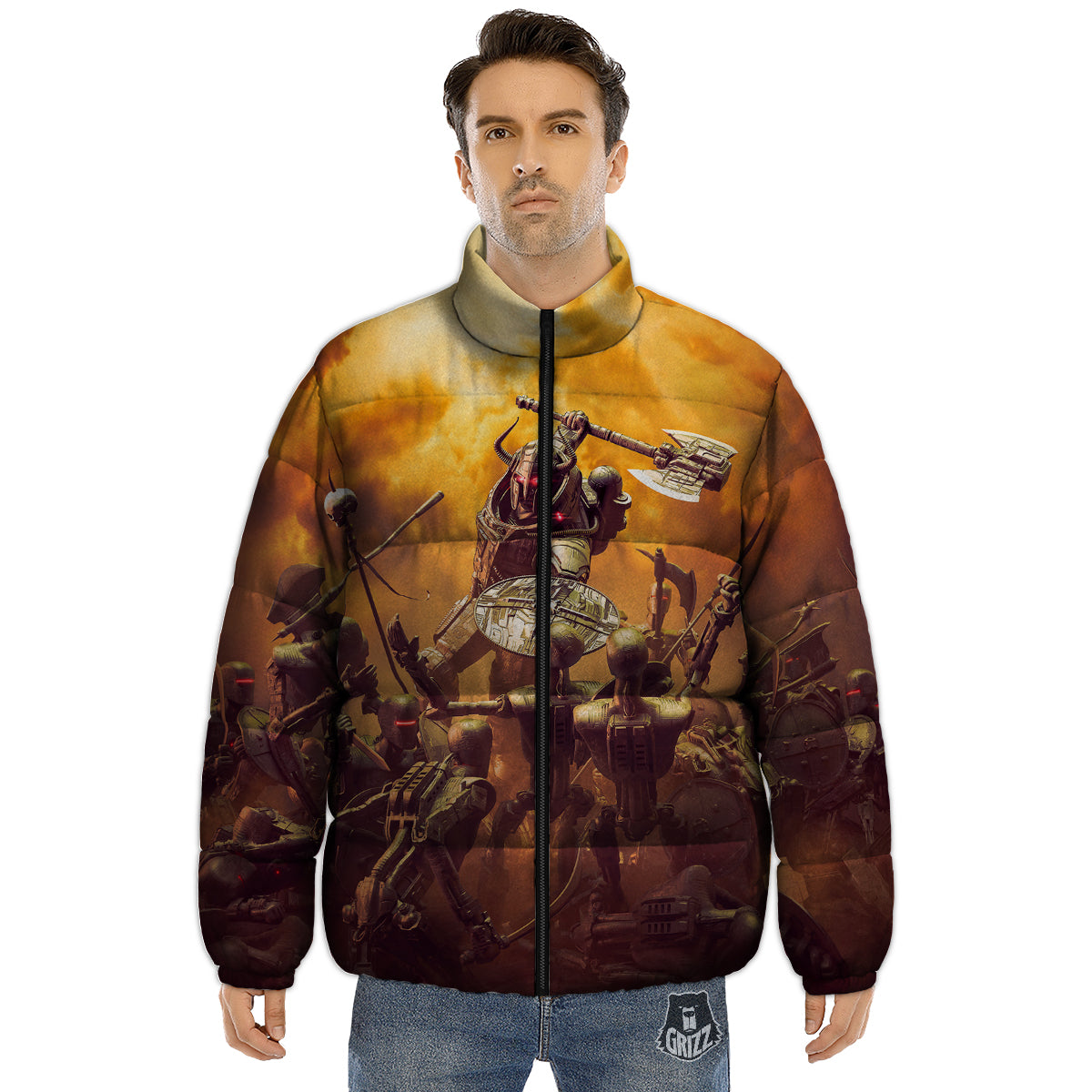 Warrior Viking Machine Print Puffer Jacket-grizzshop