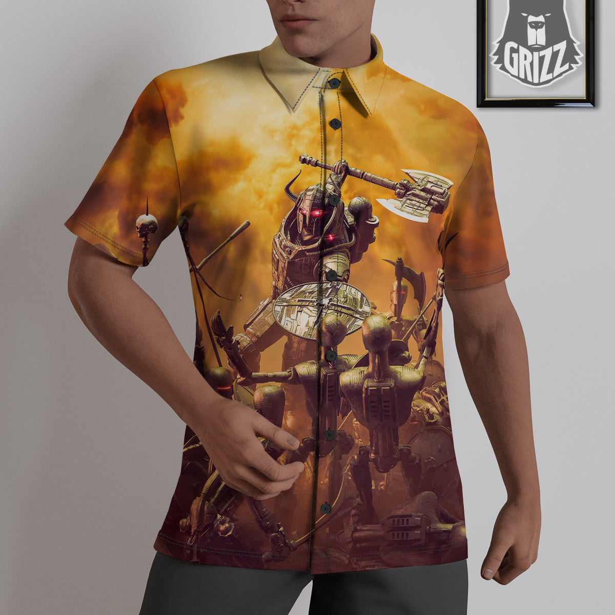 Warrior Viking Machine Print Untucked Shirts-grizzshop